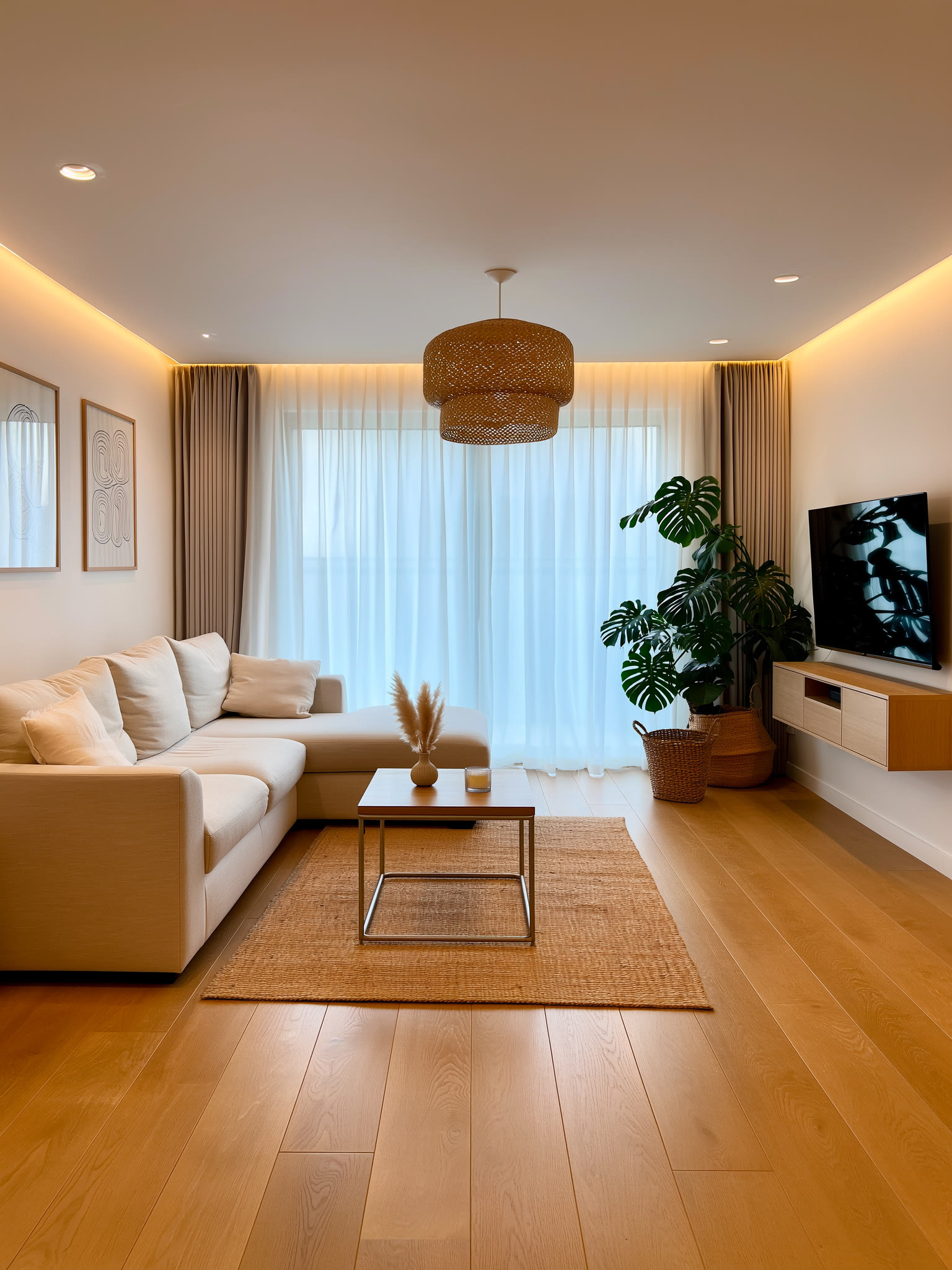 Phòng khách có ghế sofa, thảm sàn và rèm cửa voan trắng (ảnh minh họa)
